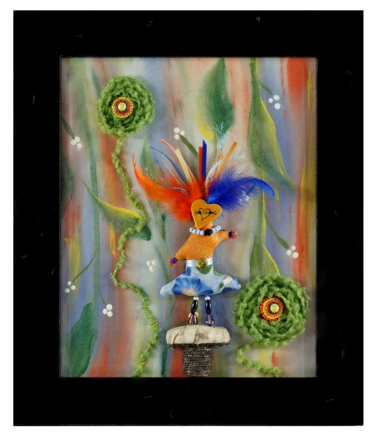 Painted fabric forest with embroidered and beaded flowers. Storybook figure textile artwork
