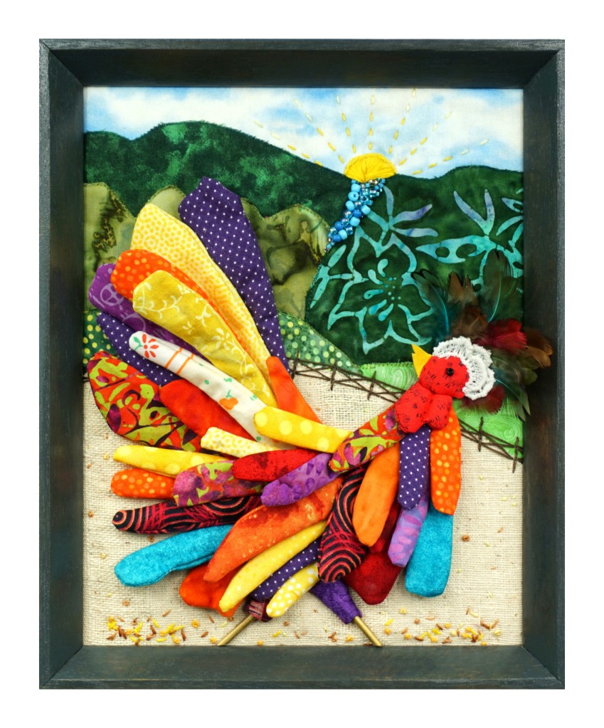Morning sunrise and colorful chicken textile artwork