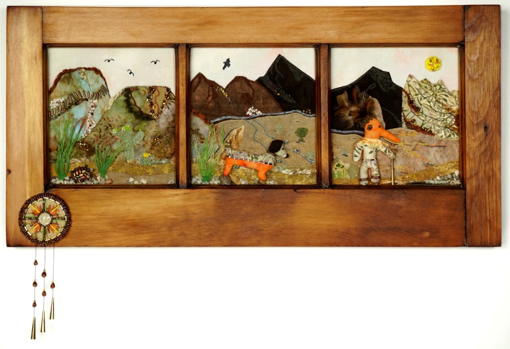 Southwestern desert beaded and embroidered textile artwork in reclaimed wood window frame