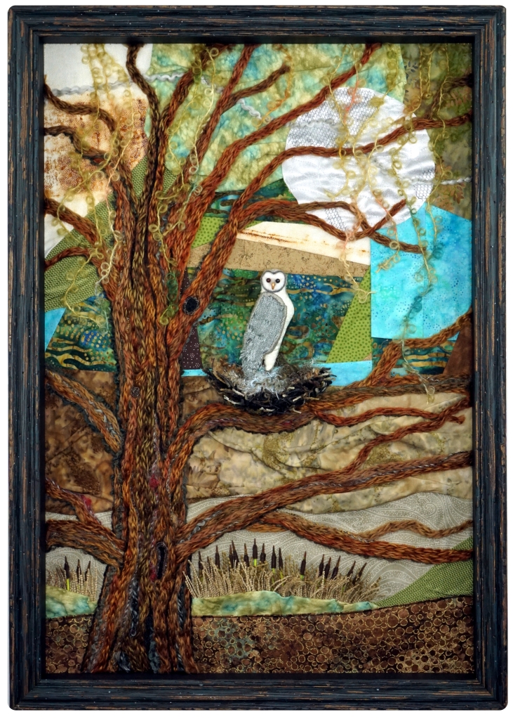 Textile Owl in Tree fabric collage textile artwork